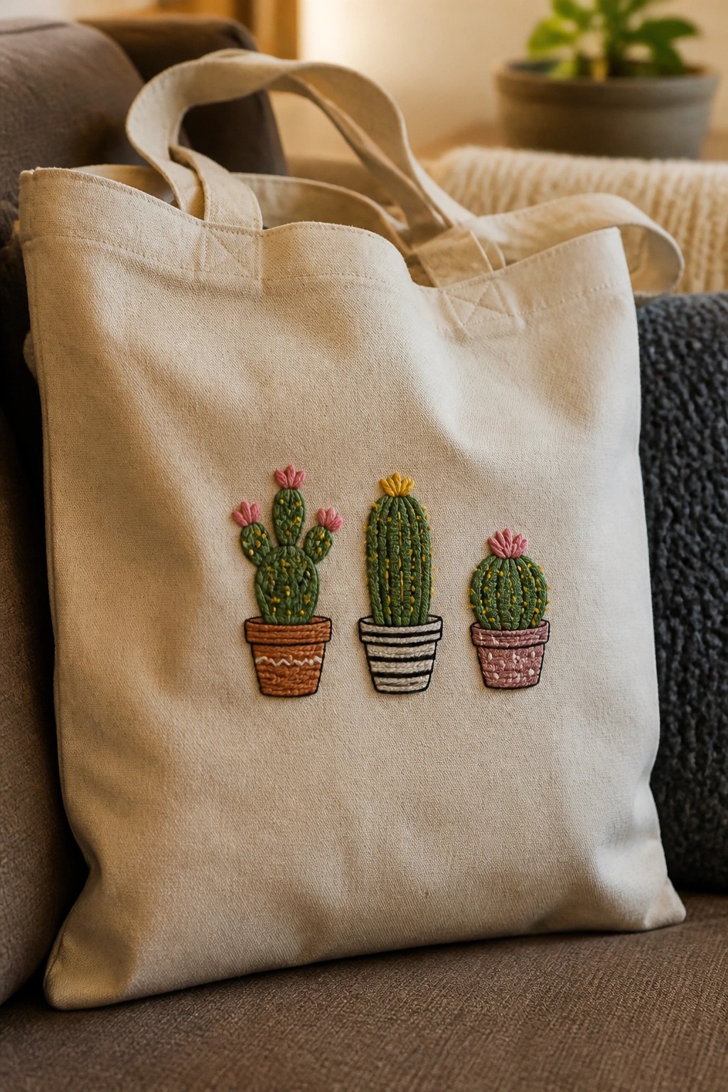 Beige canvas tote bag embroidered with three colorful potted cacti on a couch.