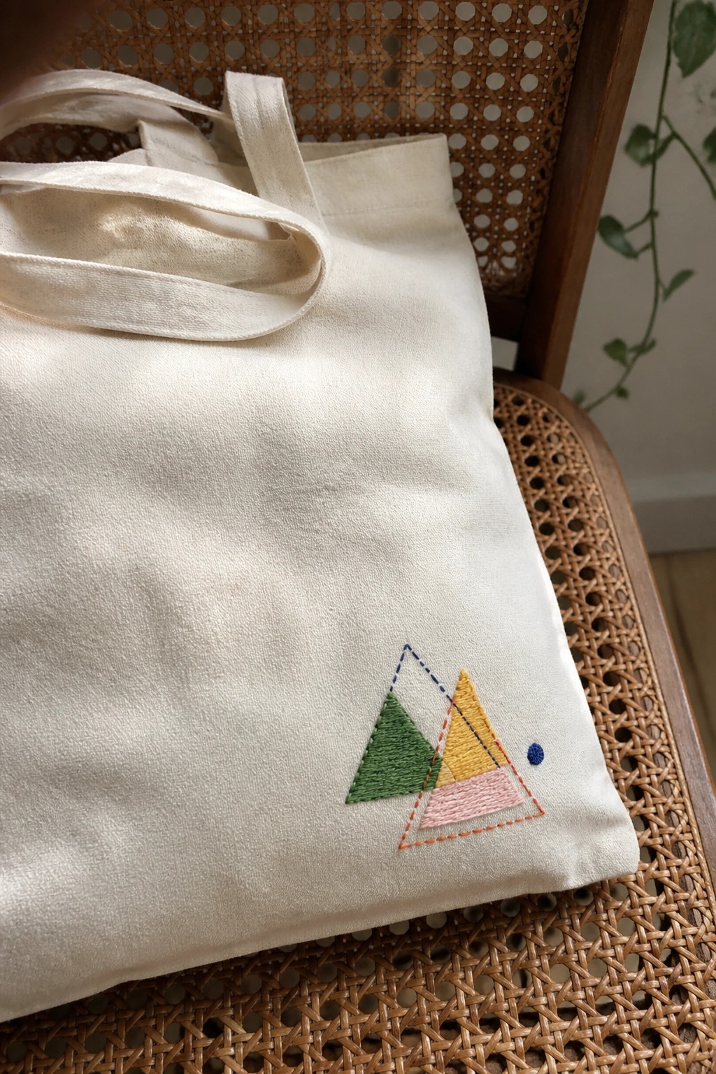 A white canvas tote bag embroidered with overlapping triangles in green, yellow, and pink rests on a wooden chair with woven cane back.
