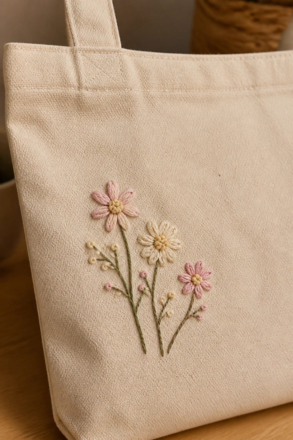 Beige canvas tote bag with three embroidered daisies in pink and cream plus green stems and small buds.
