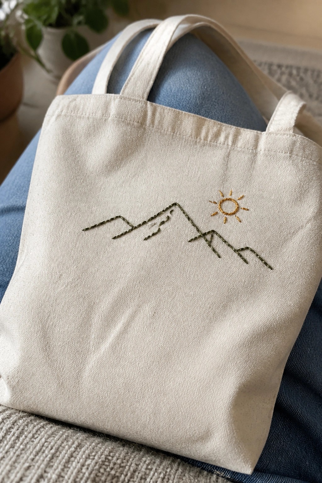Beige canvas tote bag with green mountain and yellow sun embroidery on denim lap.