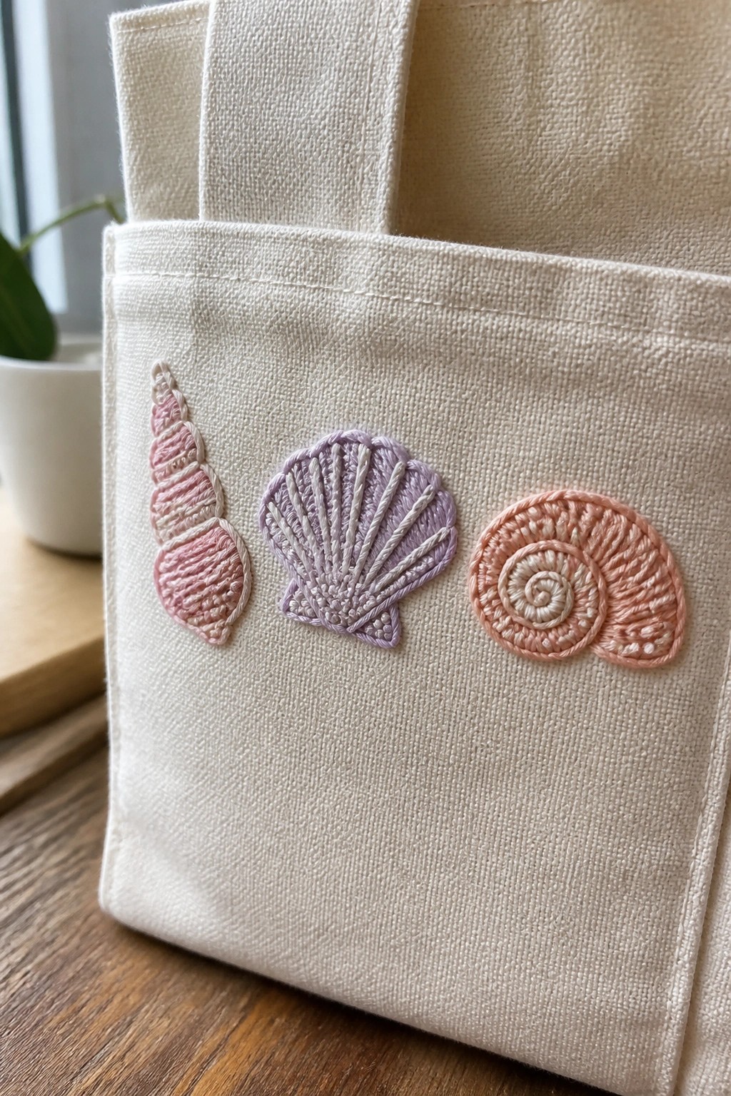 Three embroidered seashells in pastel threads lined up on the front of a beige canvas tote bag.