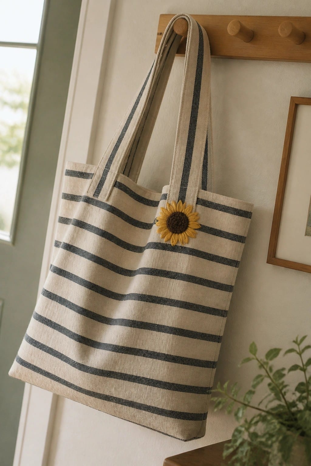Striped beige tote bag with yellow sunflower hanging on wooden wall hook.