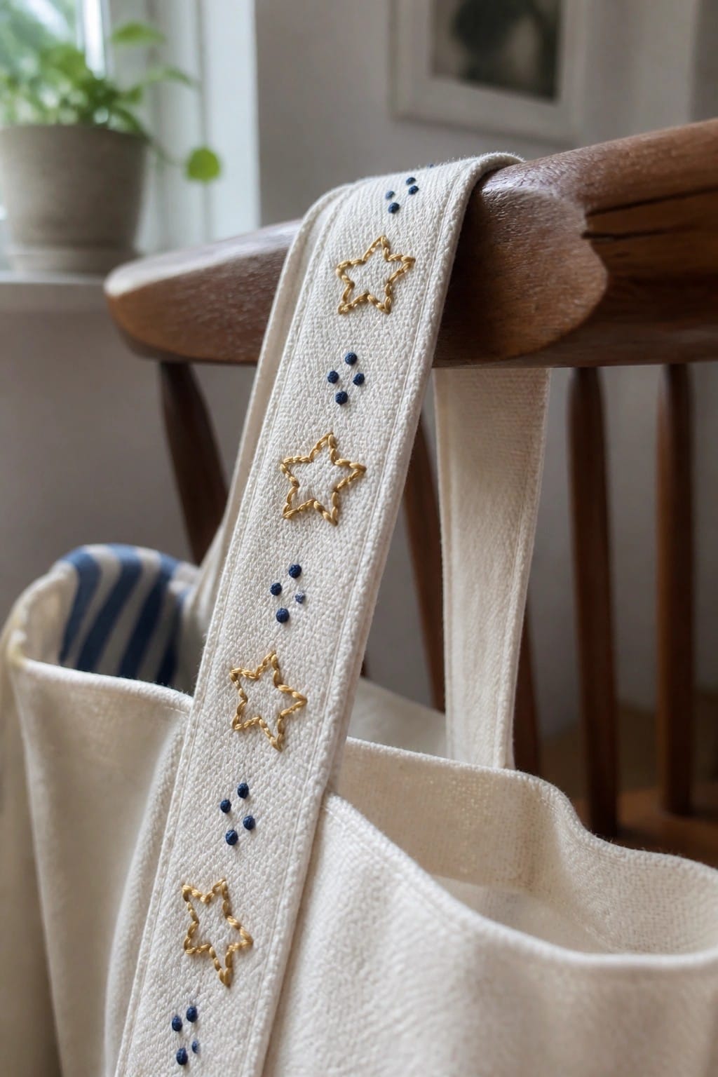 White tote bag with gold star and blue dot embroidery on wooden chair