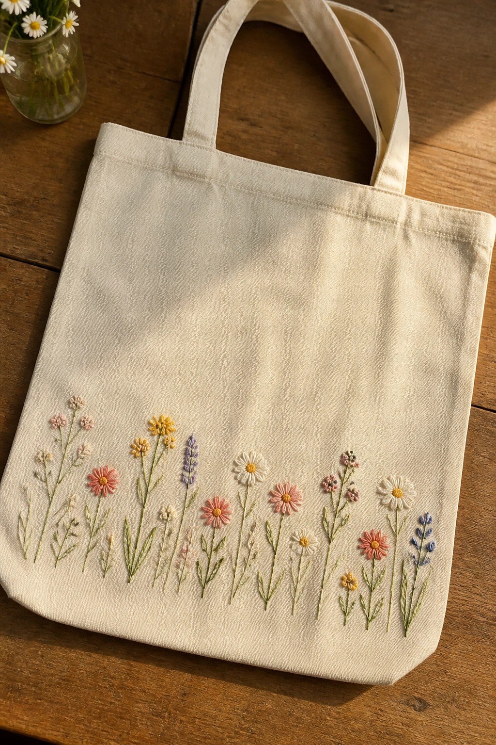 A cream canvas tote bag with a horizontal row of embroidered wildflowers along the bottom edge.