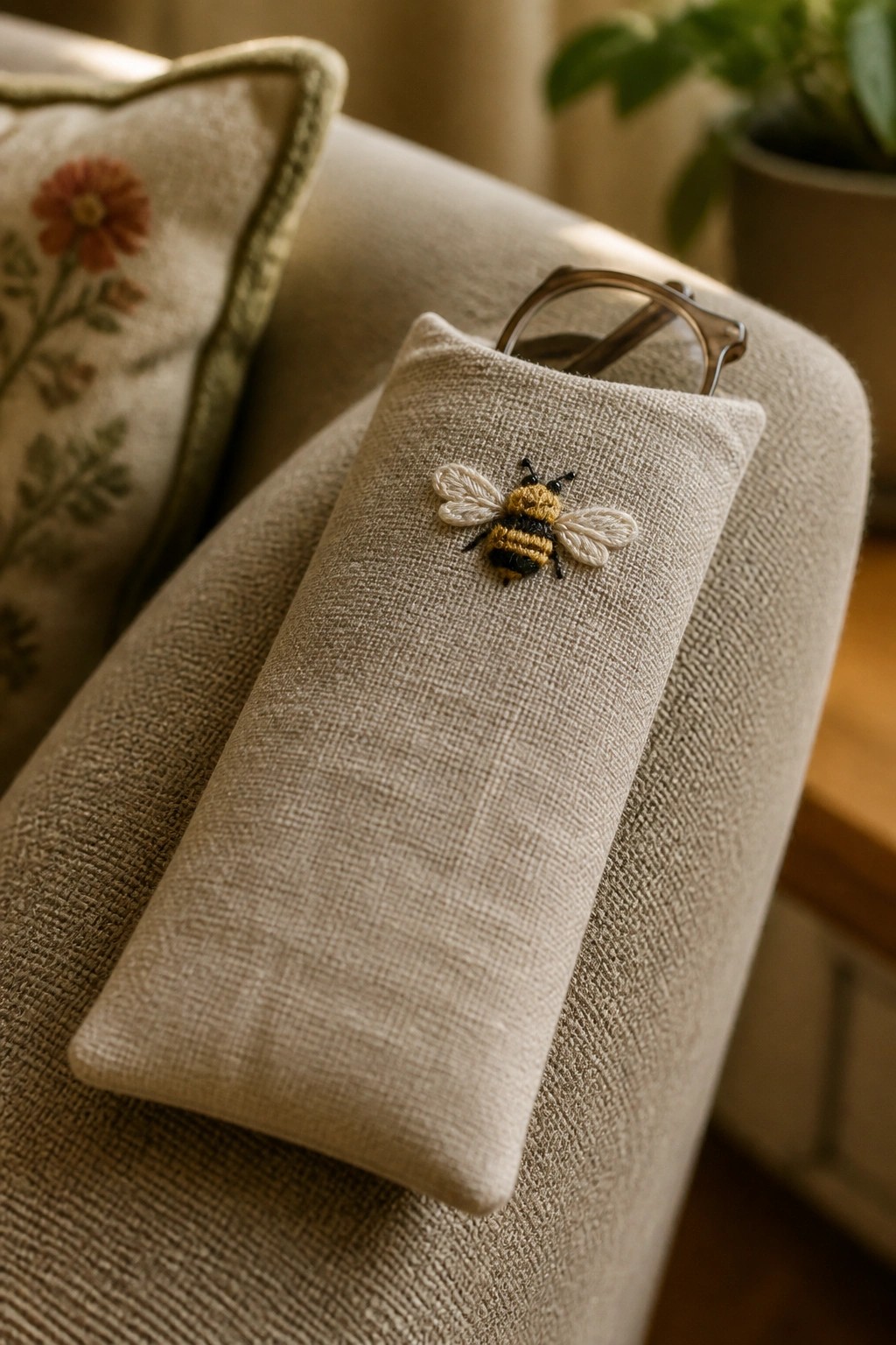 A beige fabric glasses case with an embroidered bee sits on a couch holding a pair of glasses.