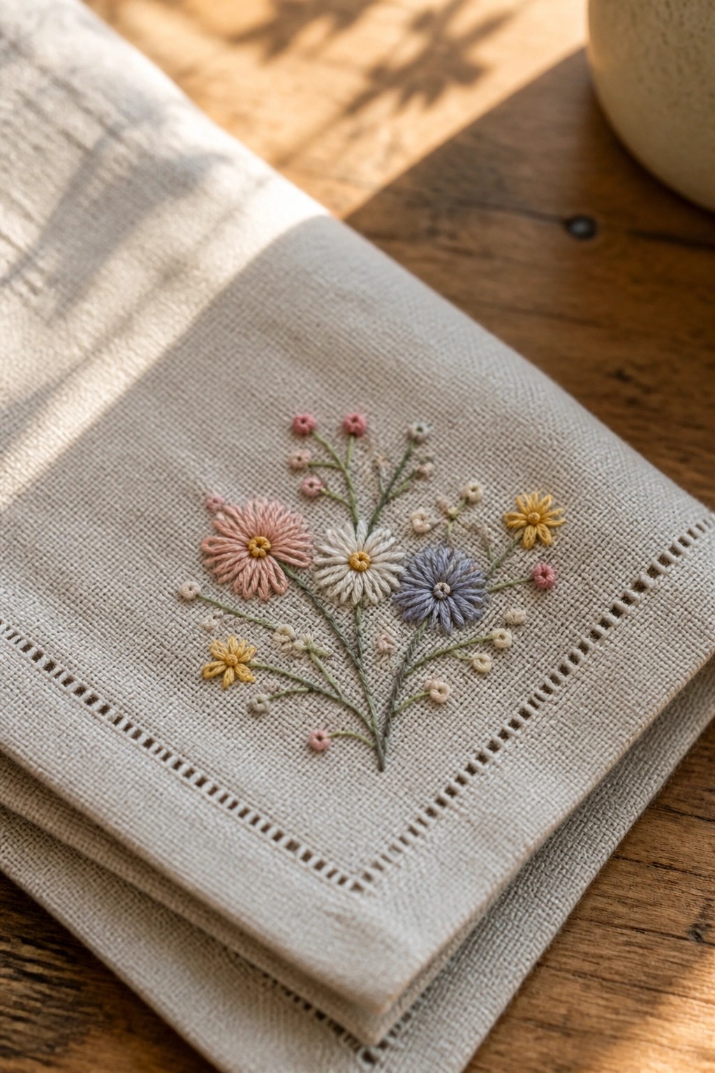 Pastel embroidered flowers on beige linen napkin atop wooden table