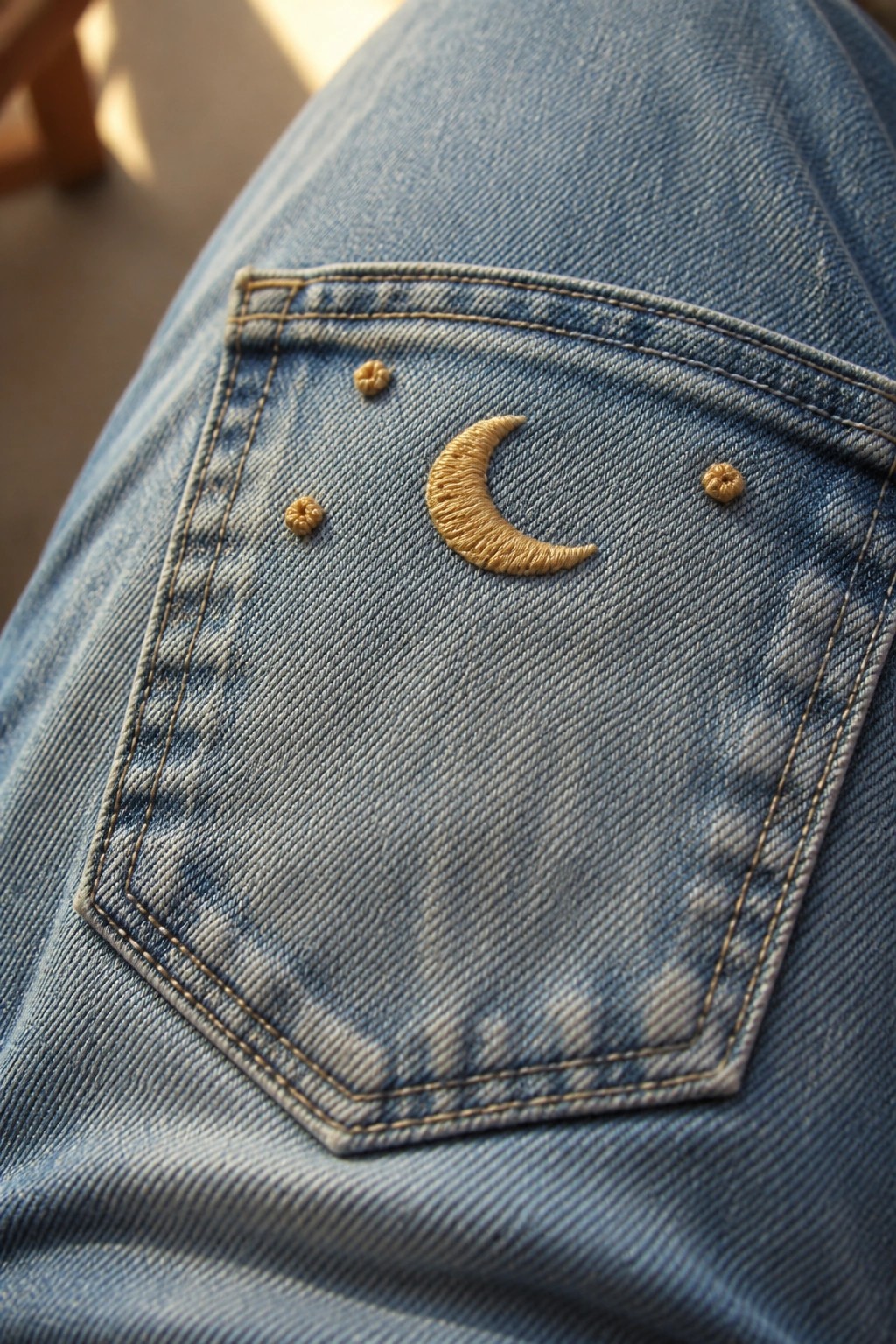 Blue denim jeans pocket with a gold embroidered crescent moon and three small gold accents.
