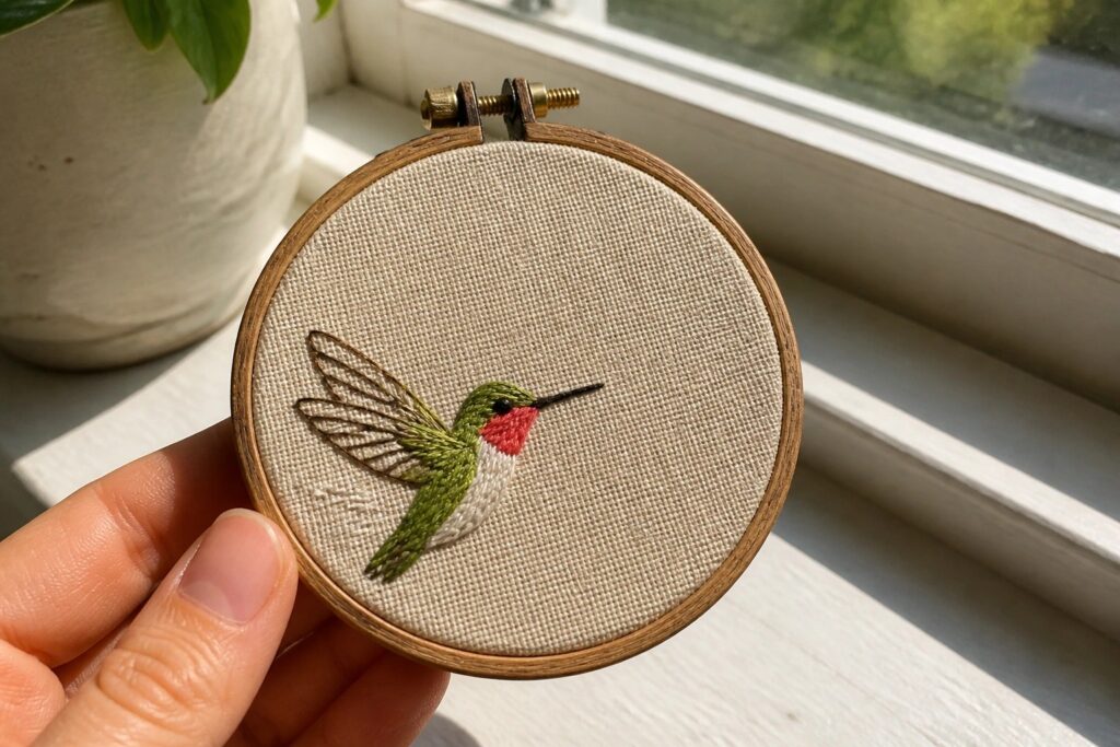 Hand holds wooden hoop with embroidered hummingbird in green, pink, and white threads.