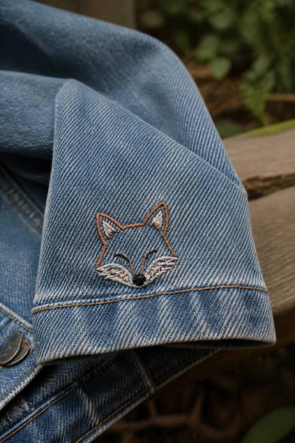 Blue denim jacket cuff with embroidered fox on wooden surface