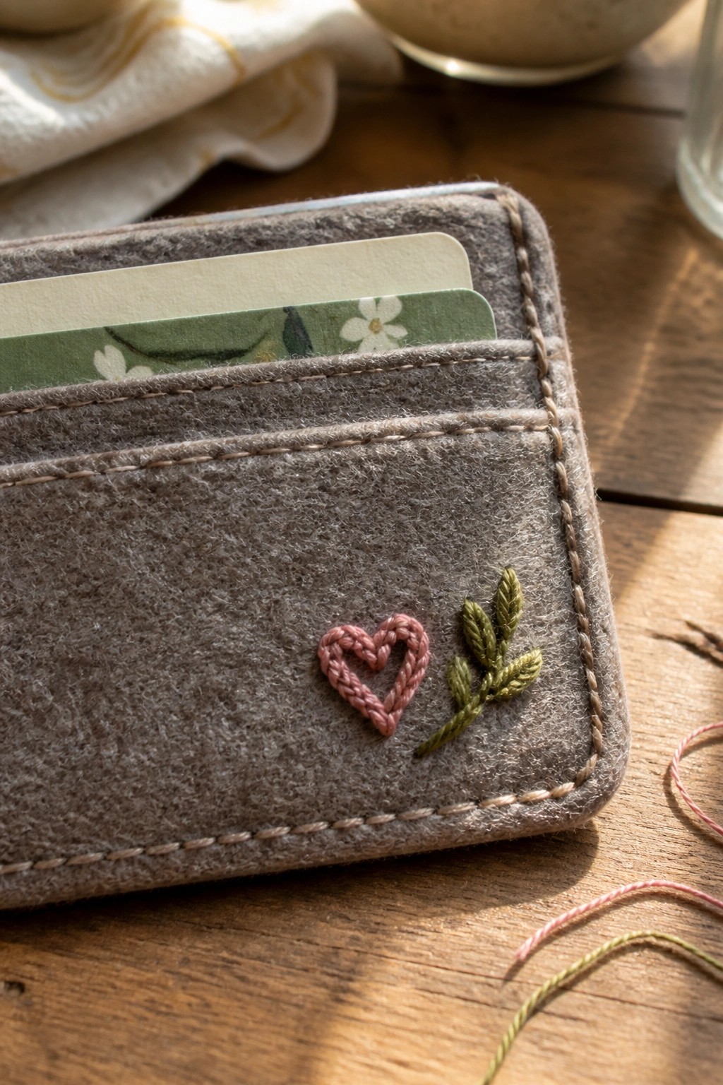 Gray felt card wallet with pink heart and green leaf embroidery on wood