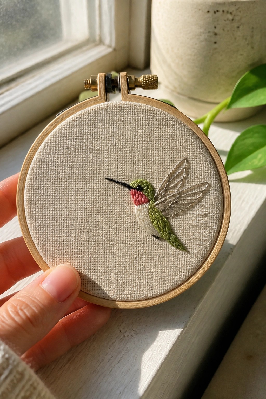 Hand holds wooden hoop with embroidered hummingbird in green, pink, and white threads.