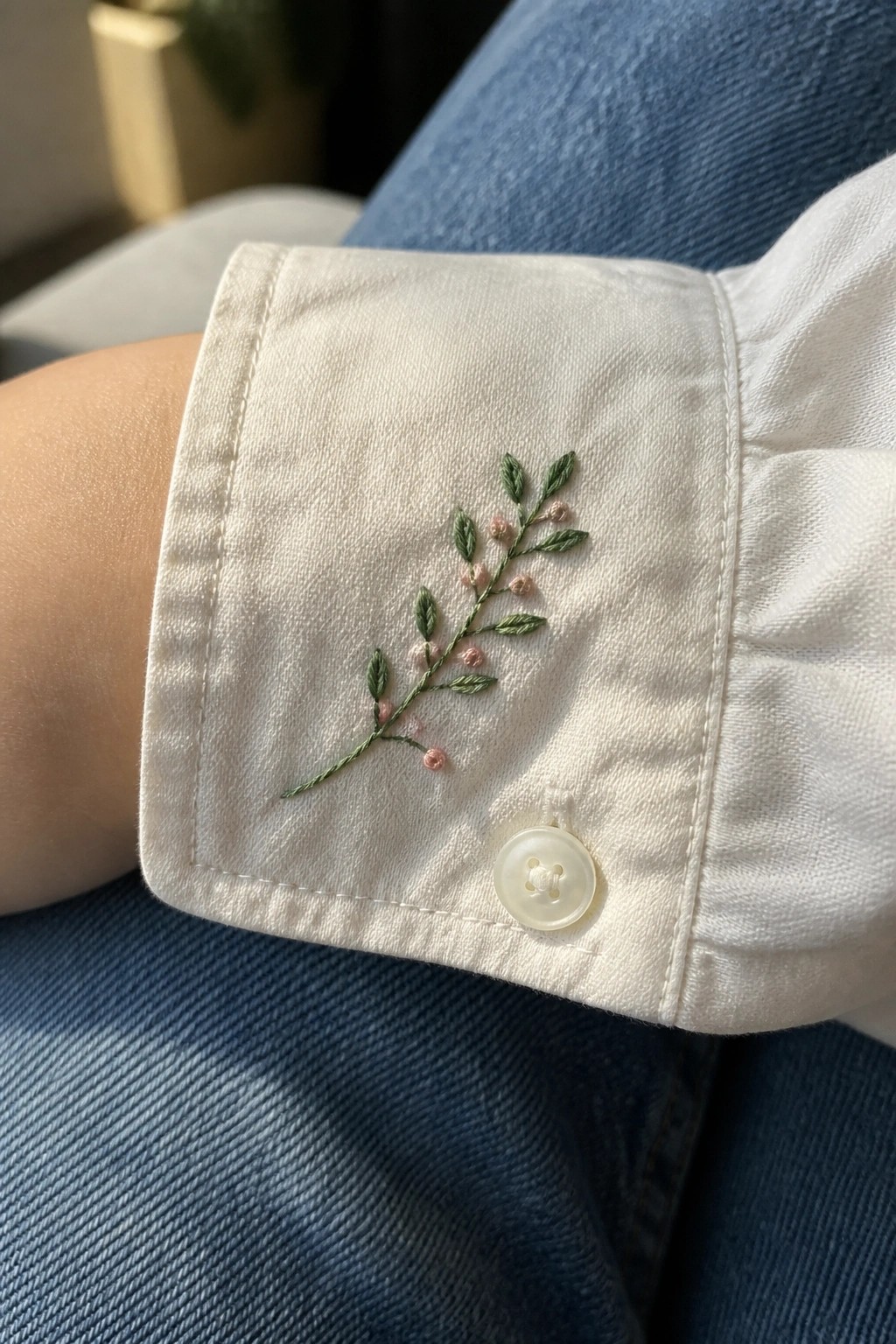 White shirt cuff with green leaves and pink berry embroidery, plus button.
