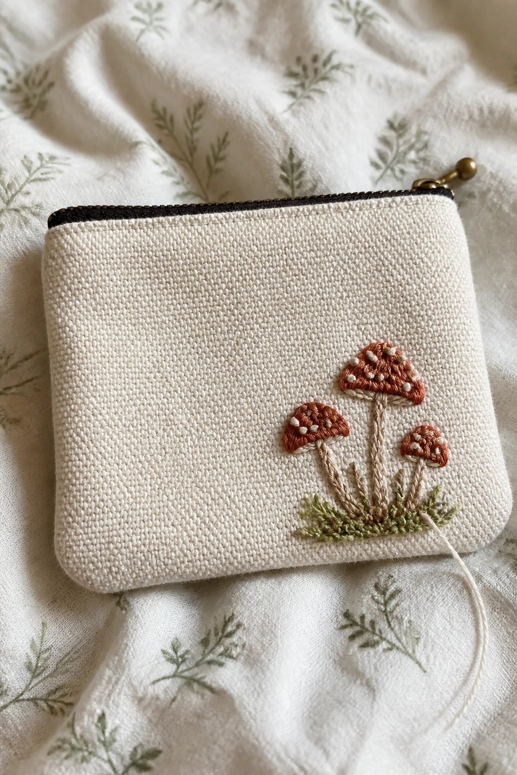 Small white fabric pouch with three embroidered mushrooms in brown and beige thread and a brass zipper at the top.