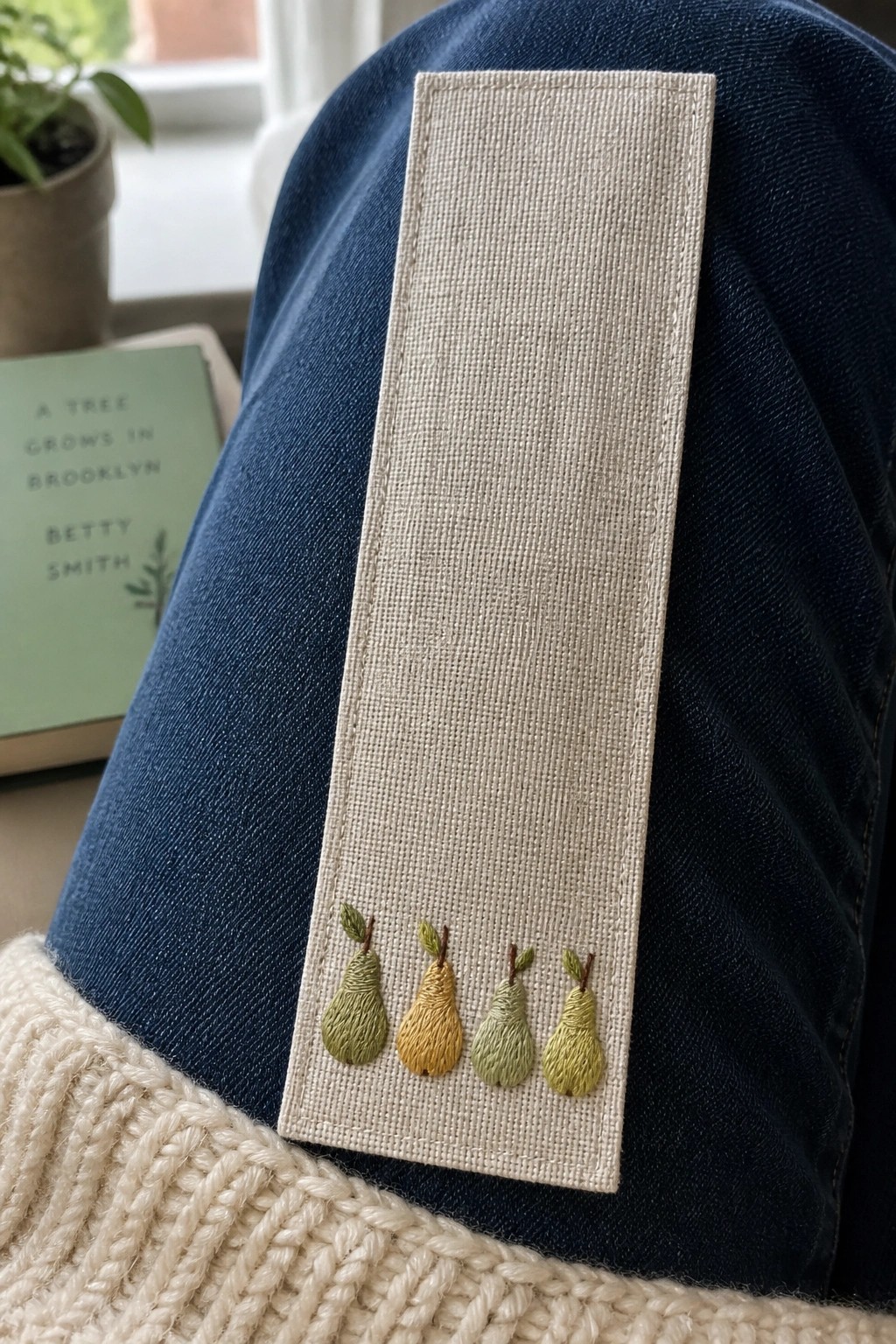 Embroidered pear bookmark on blue denim jeans beside book and white knit sweater.