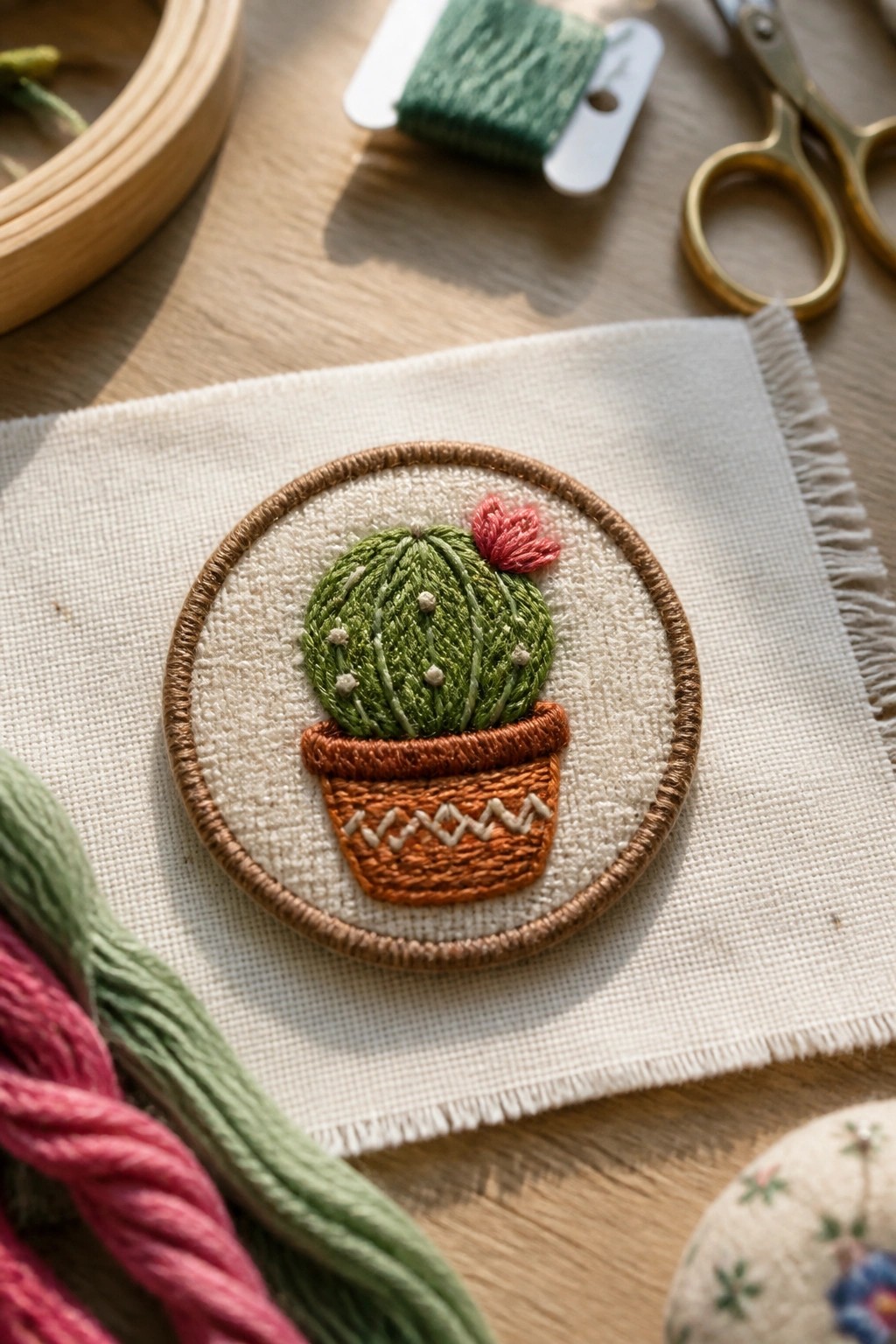 Embroidered green cactus in brown pot with pink flower on white fabric amid threads and scissors