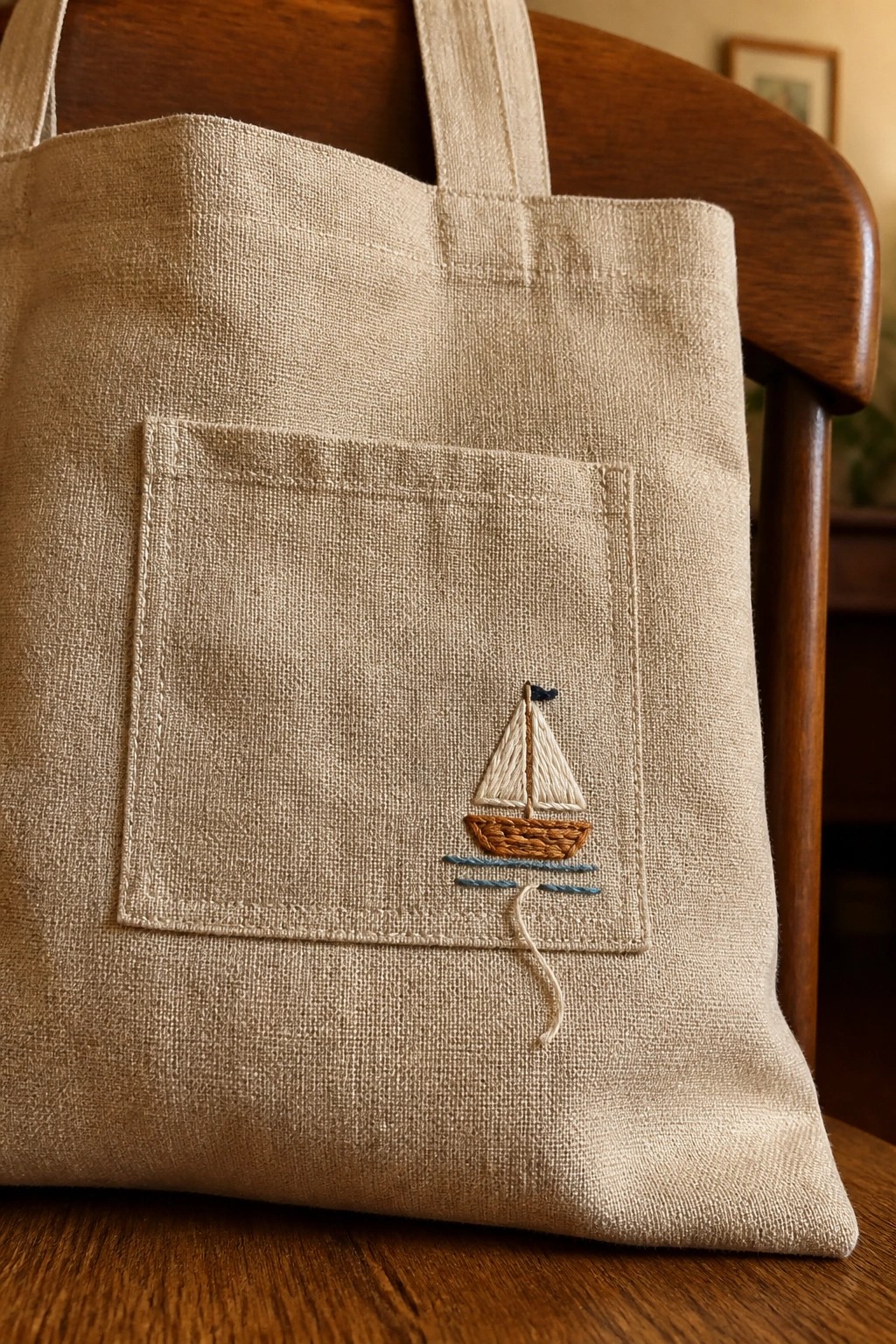 Beige canvas tote bag with a front pocket embroidered with a small sailboat.