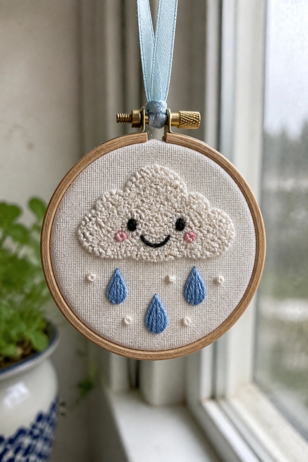 Wooden hoop with smiling cloud, pink cheeks, and blue raindrops on white fabric.