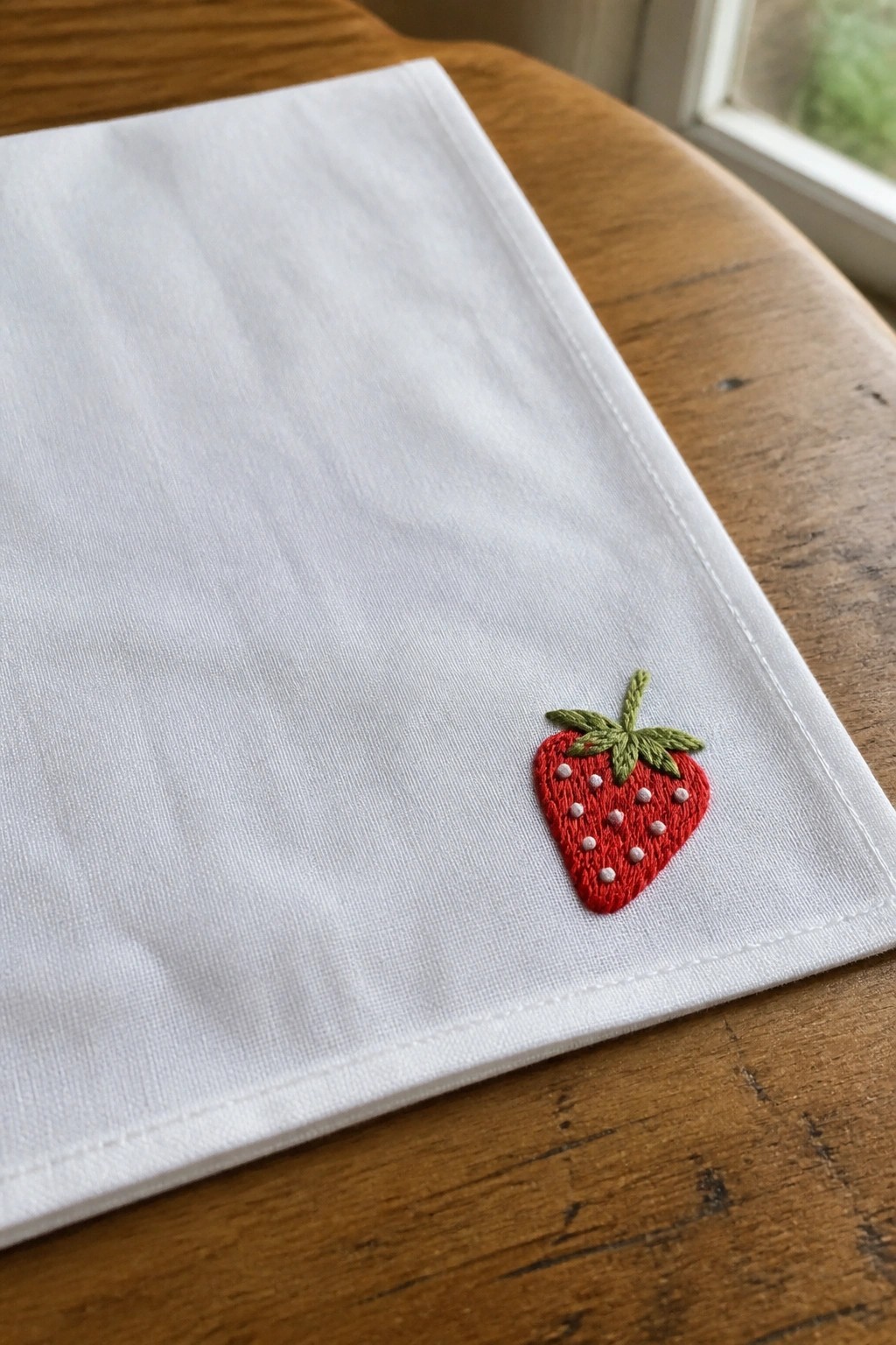 A white fabric napkin with a small embroidered strawberry in red, green, and white placed in the lower right corner.