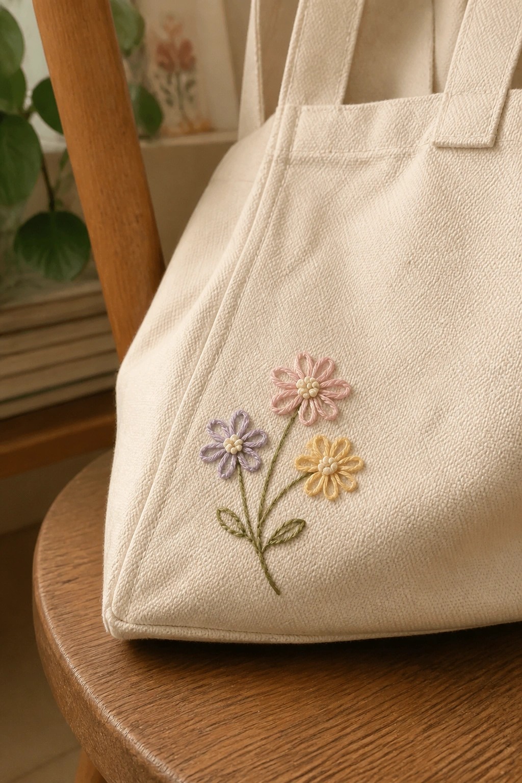 A canvas tote bag with three small embroidered flowers in pink, purple, and yellow with green stems.