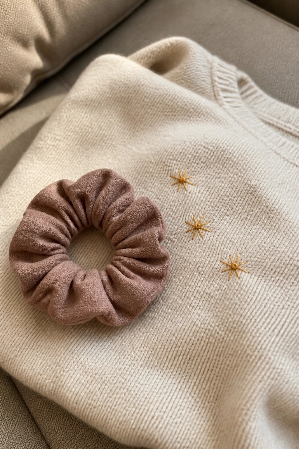 Pink velvet scrunchie on beige knit sweater with gold embroidered stars