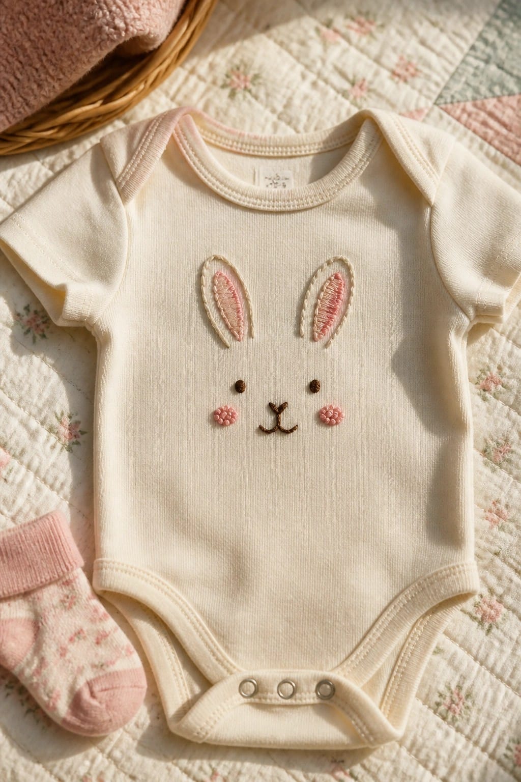 Cream baby onesie with bunny embroidery on floral quilt beside pink socks.