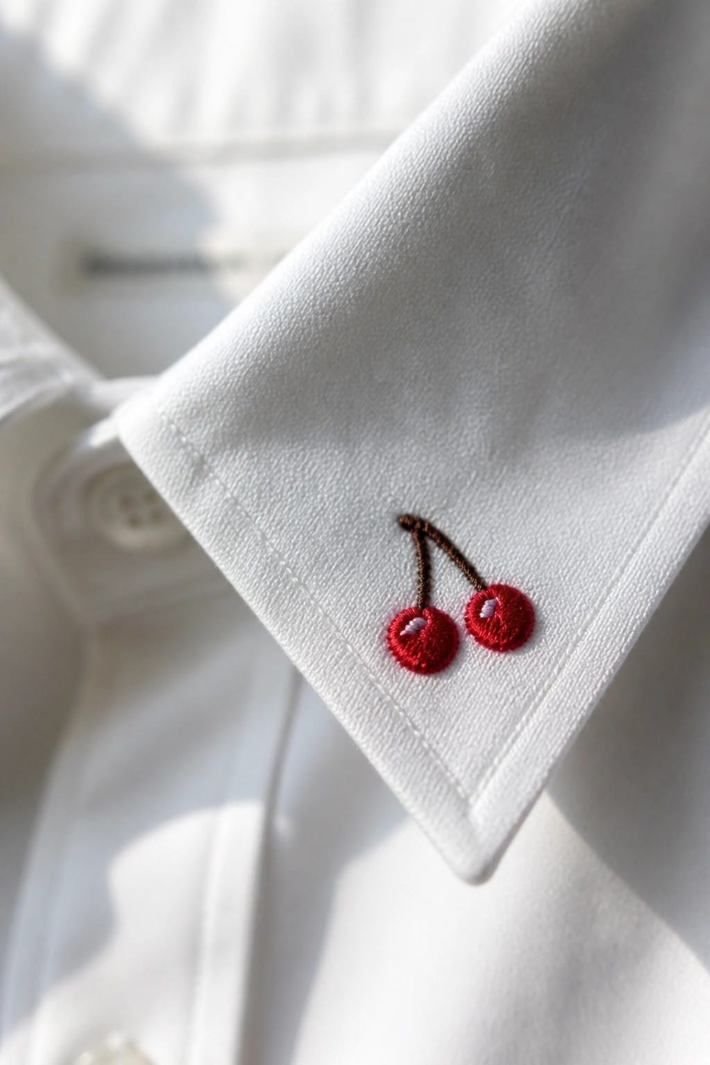 White shirt collar with embroidered red cherries and brown stems.
