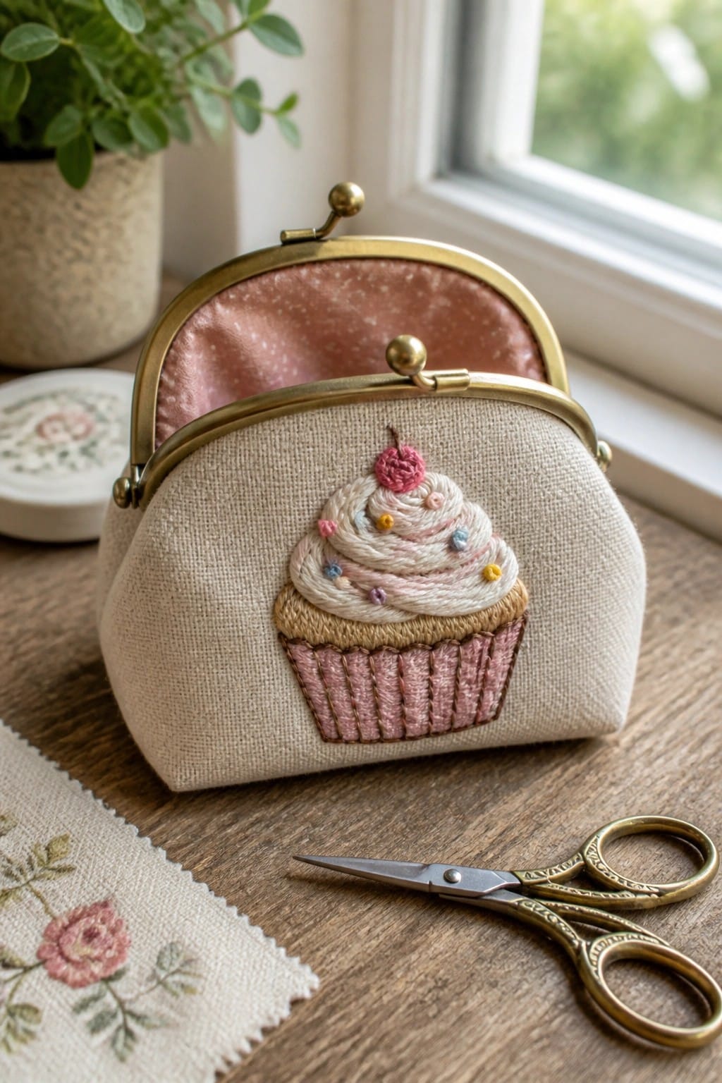 A small beige linen coin purse with brass clasp shows an embroidered cupcake with pink base, swirled frosting, and colorful dots.