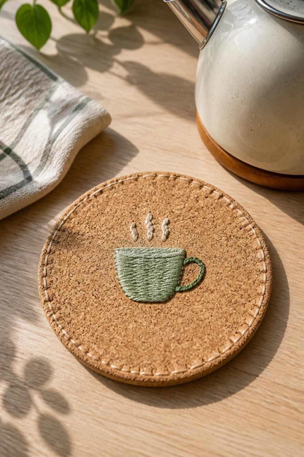 Embroidered green coffee cup on round cork coaster beside white kettle on wood