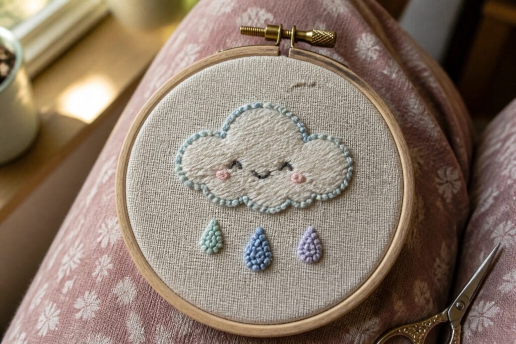 Embroidery hoop with three pastel sleepy moons and tiny yellow stars on beige fabric.