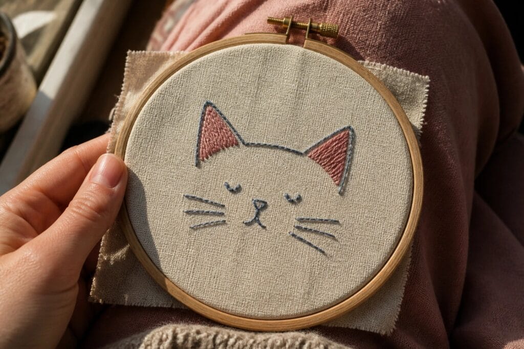 Hand holding wooden hoop with gray-pink cat embroidery over orange pants and beige sweater