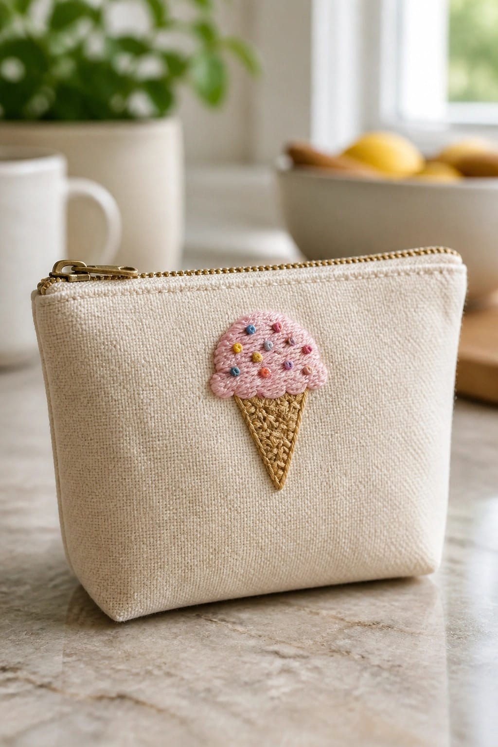 A small beige zippered pouch with an embroidered pink ice cream cone and colorful sprinkles on the front.