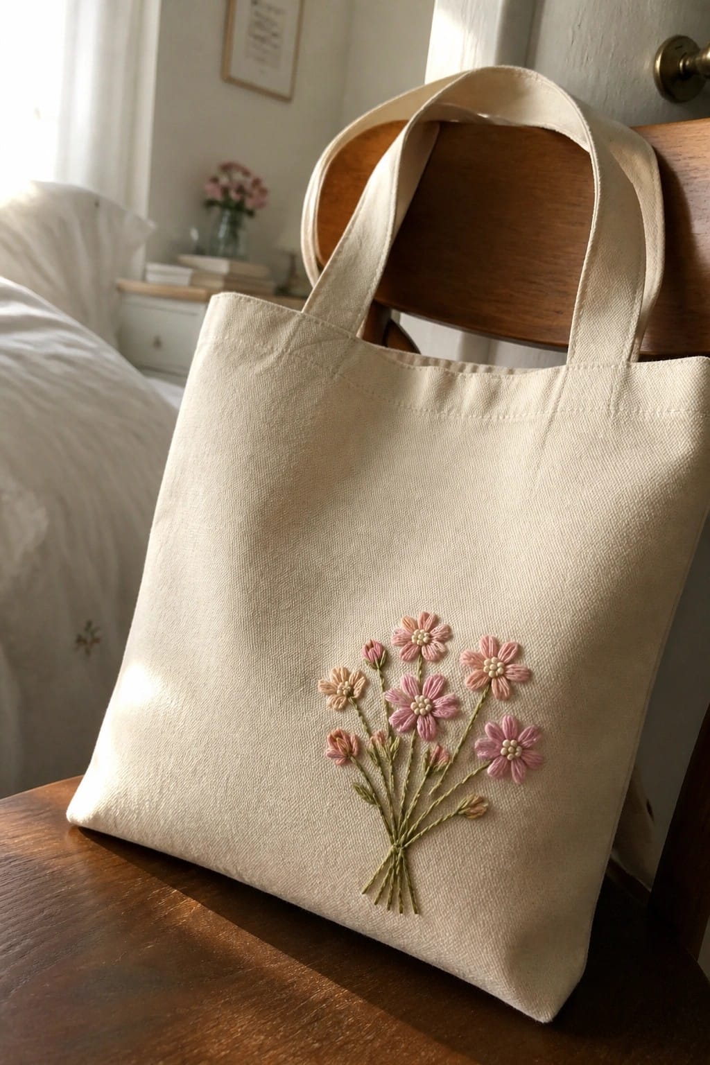 A cream canvas tote bag with pink and peach embroidered flowers and green stems sitting on a wooden chair.