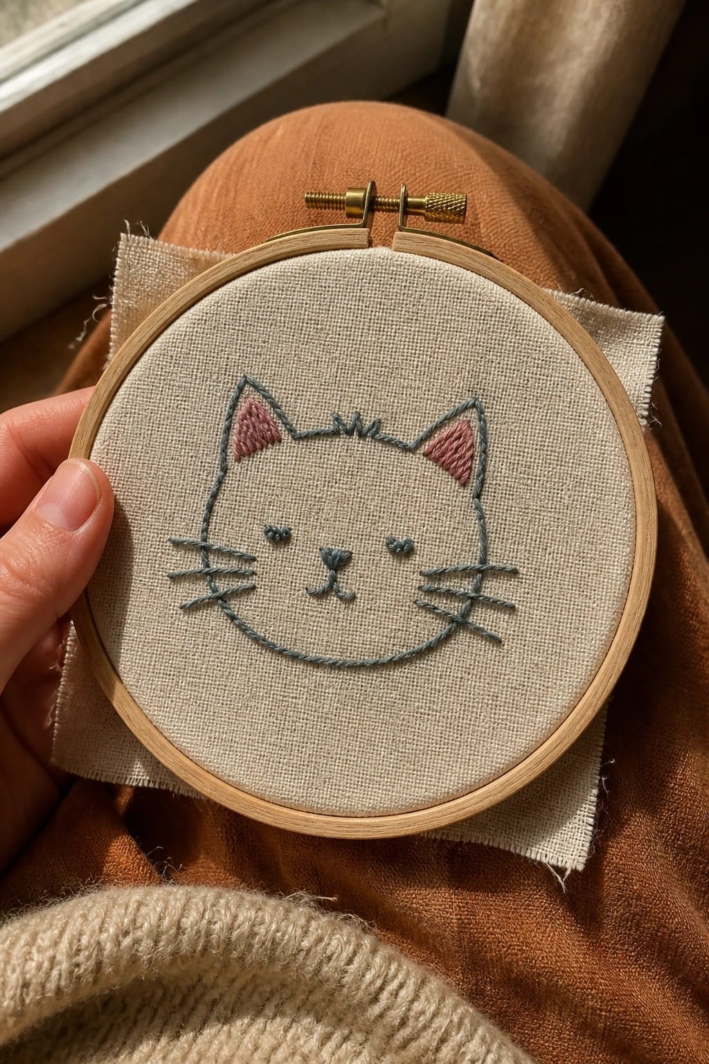 Hand holding wooden hoop with gray-pink cat embroidery over orange pants and beige sweater