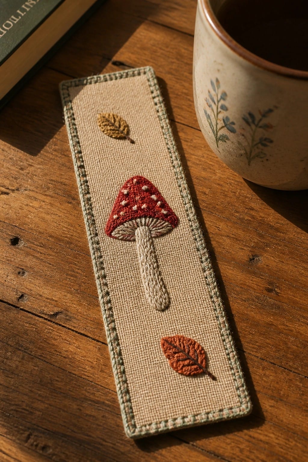 Embroidered bookmark with red mushroom and autumn leaves on wooden table beside mug
