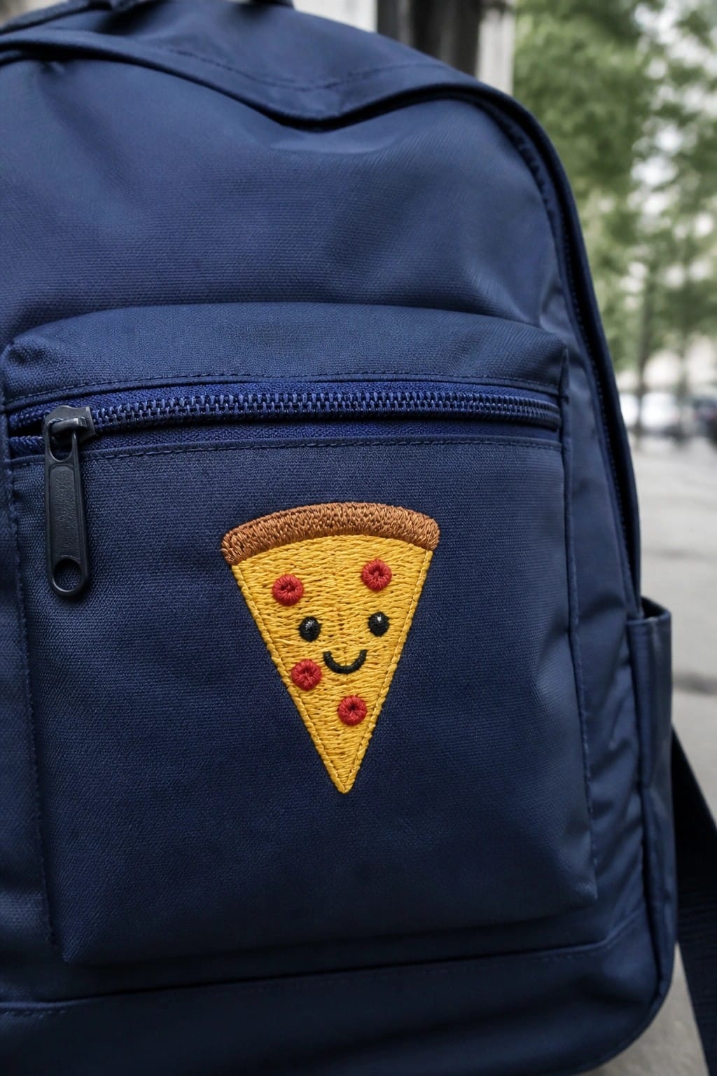 A navy blue backpack with an embroidered smiling pizza slice on the front pocket.