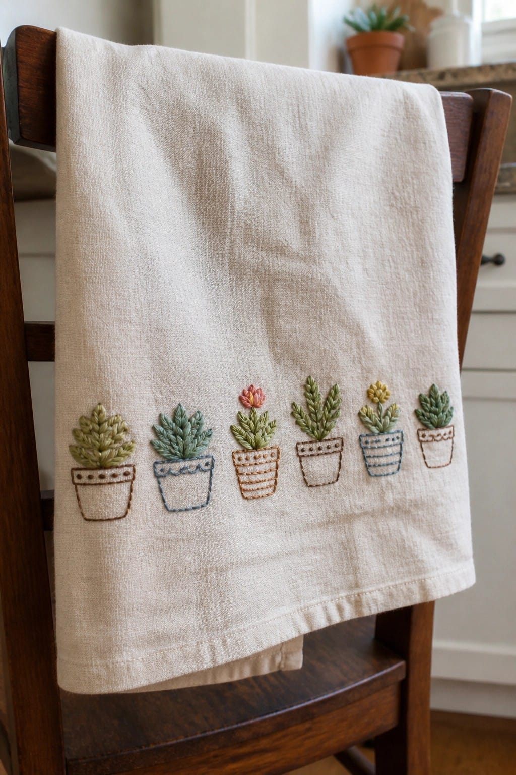 Embroidered beige towel with six colorful potted succulents on wooden chair