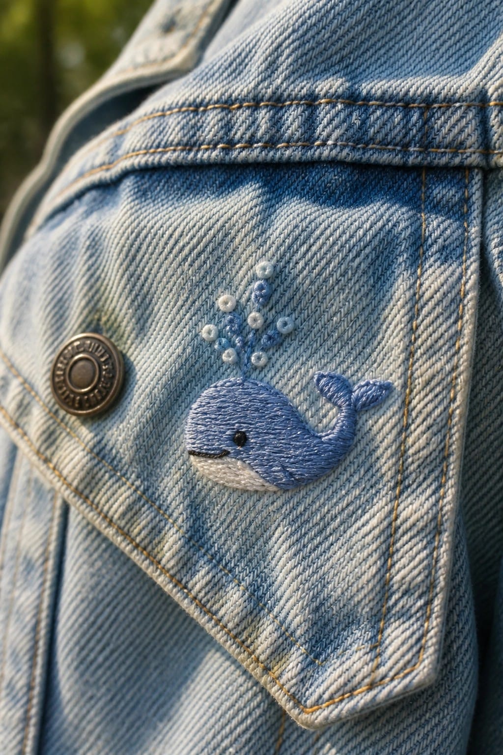 A close-up of a denim jeans pocket with an embroidered rainbow, cloud, and raindrops.