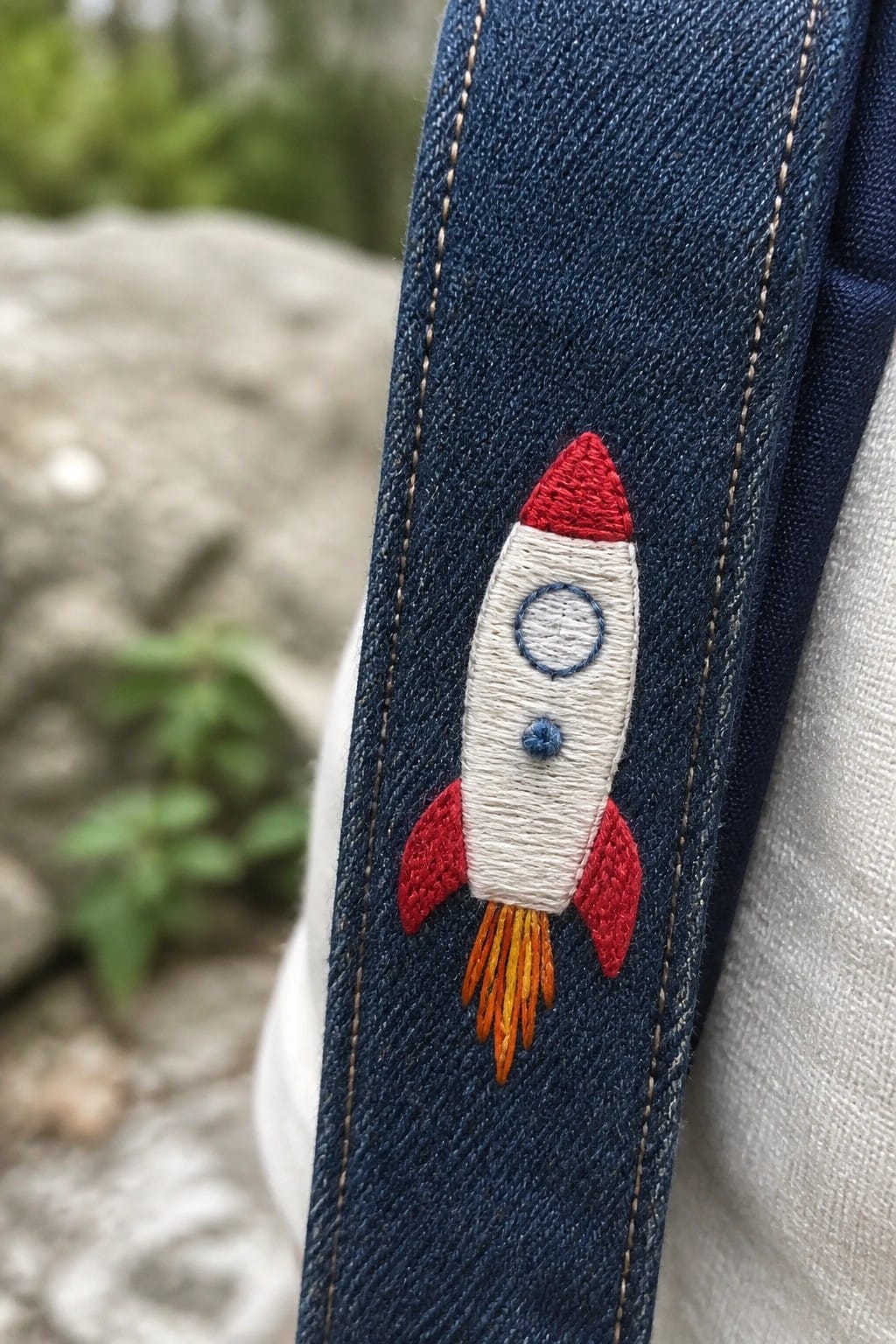White rocket with red tip and fins plus orange flames embroidered on blue denim strap.