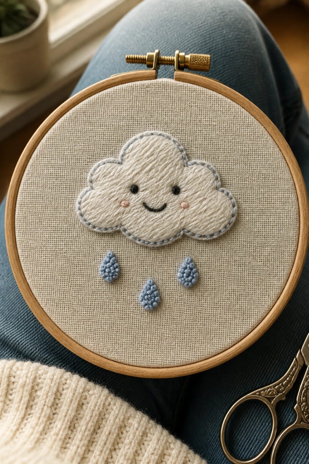 Embroidery hoop with three pastel sleepy moons and tiny yellow stars on beige fabric.