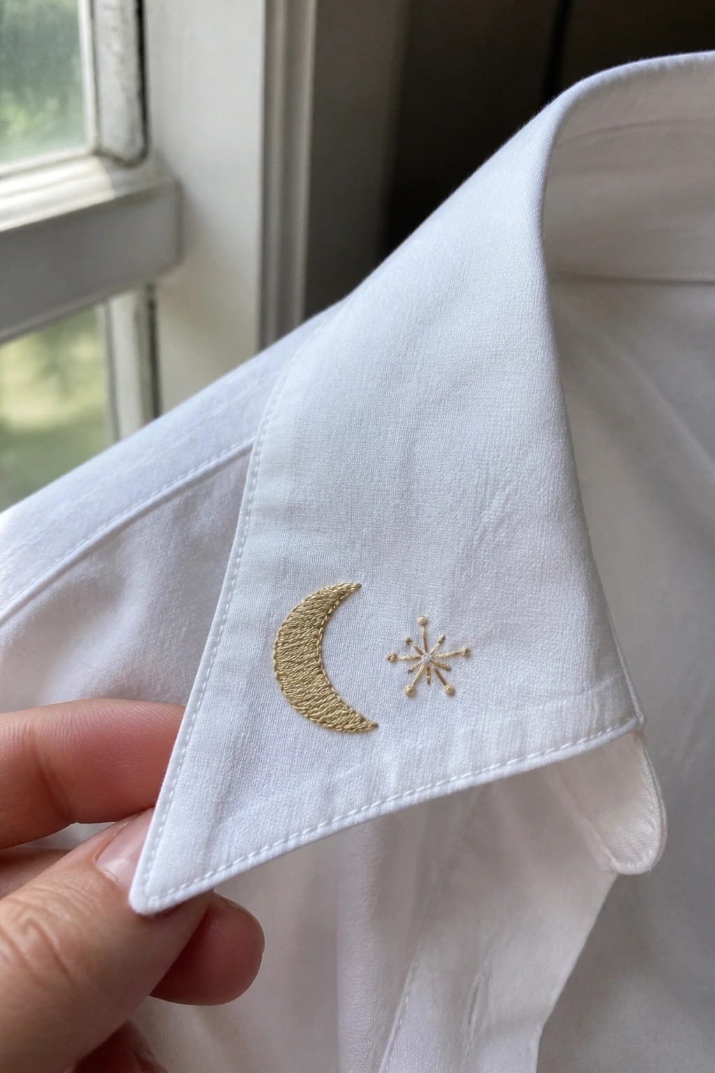 A cream-colored scrunchie with three small pink embroidered hearts is worn on a wrist.