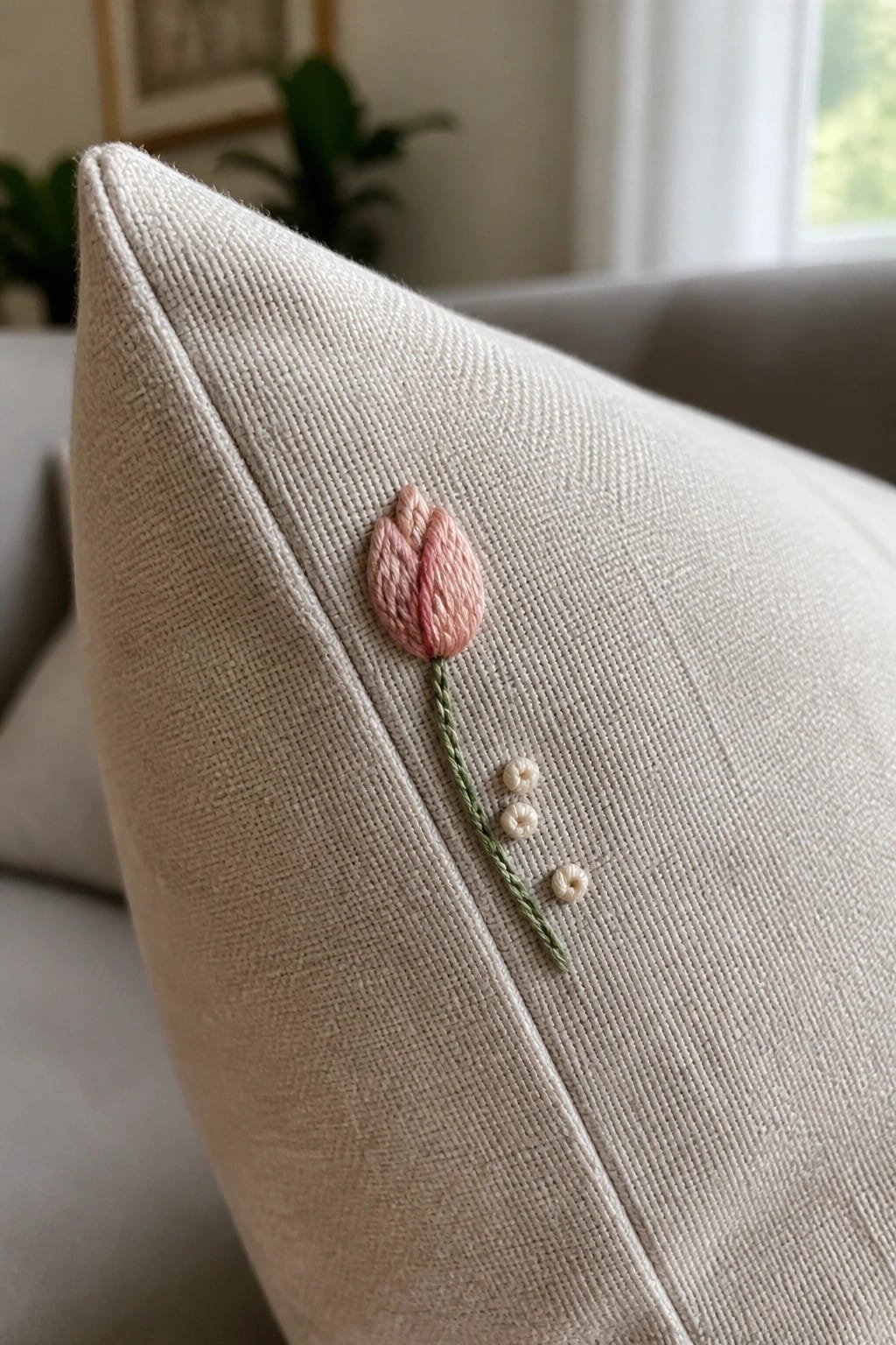 Beige pillow with pink tulip embroidery, green stem, and white accents.