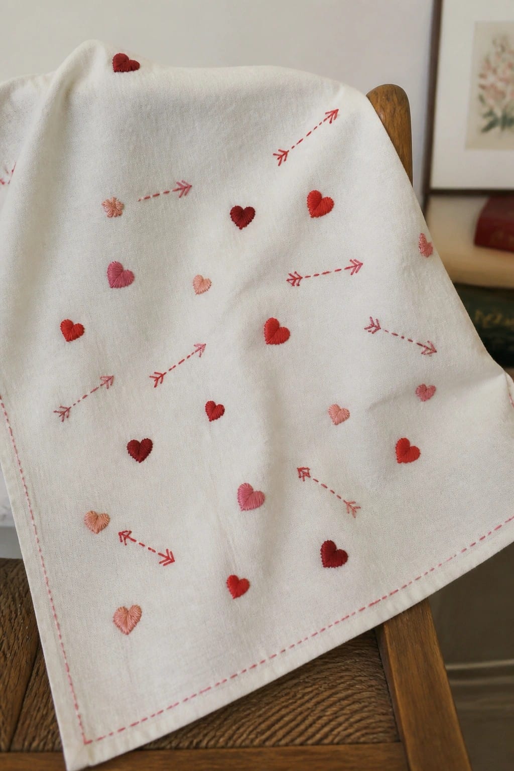 A fabric bookmark with a blue embroidered whale and small blue flowers rests on a cream knitted blanket.