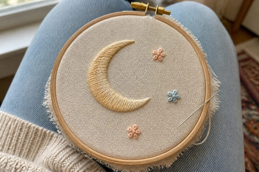 21 Aesthetic Embroidery Ideas for a Calm Creative Vibe Wooden hoop with embroidered crescent moon and flowers on blue jeans with white knit.