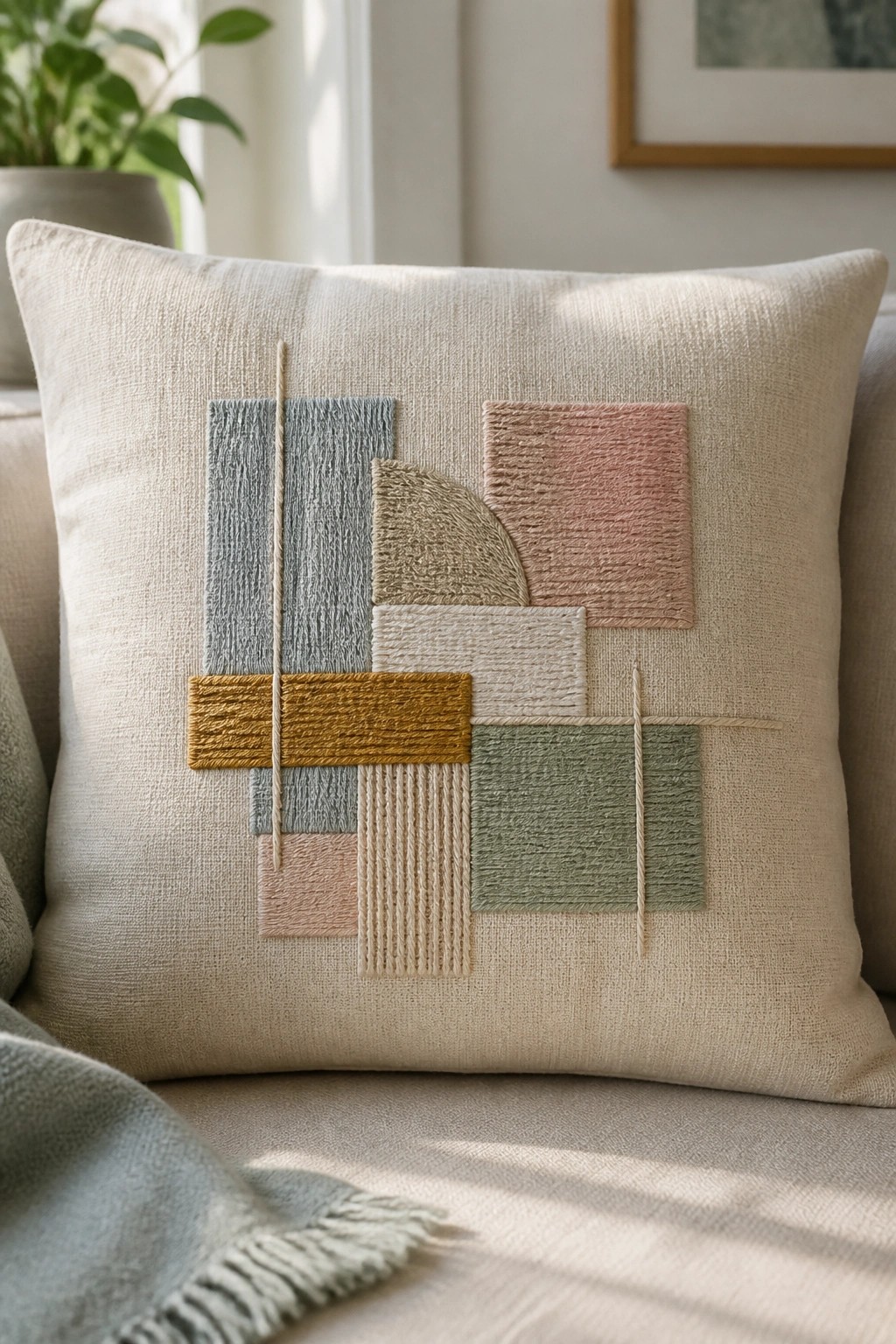 A beige pillow cover displays an abstract arrangement of embroidered rectangles, a semicircle, and vertical lines in blue, pink, green, mustard, and beige tones.
