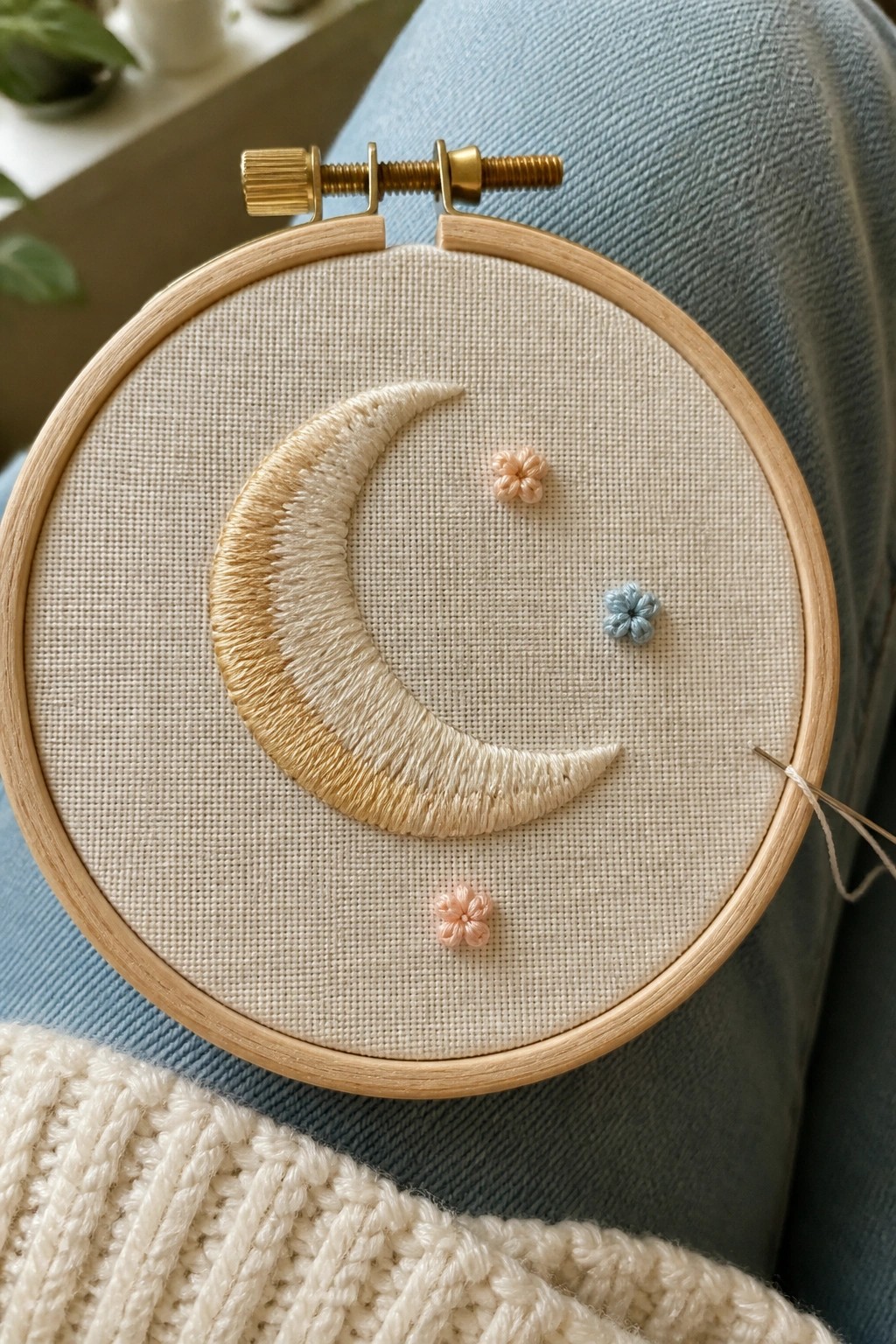 Wooden hoop with embroidered crescent moon and flowers on blue jeans with white knit.