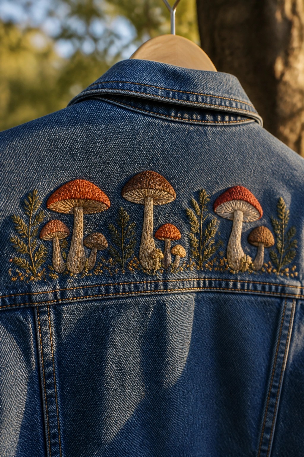 Blue denim jacket with embroidered mushrooms and foliage on wooden hanger outdoors.