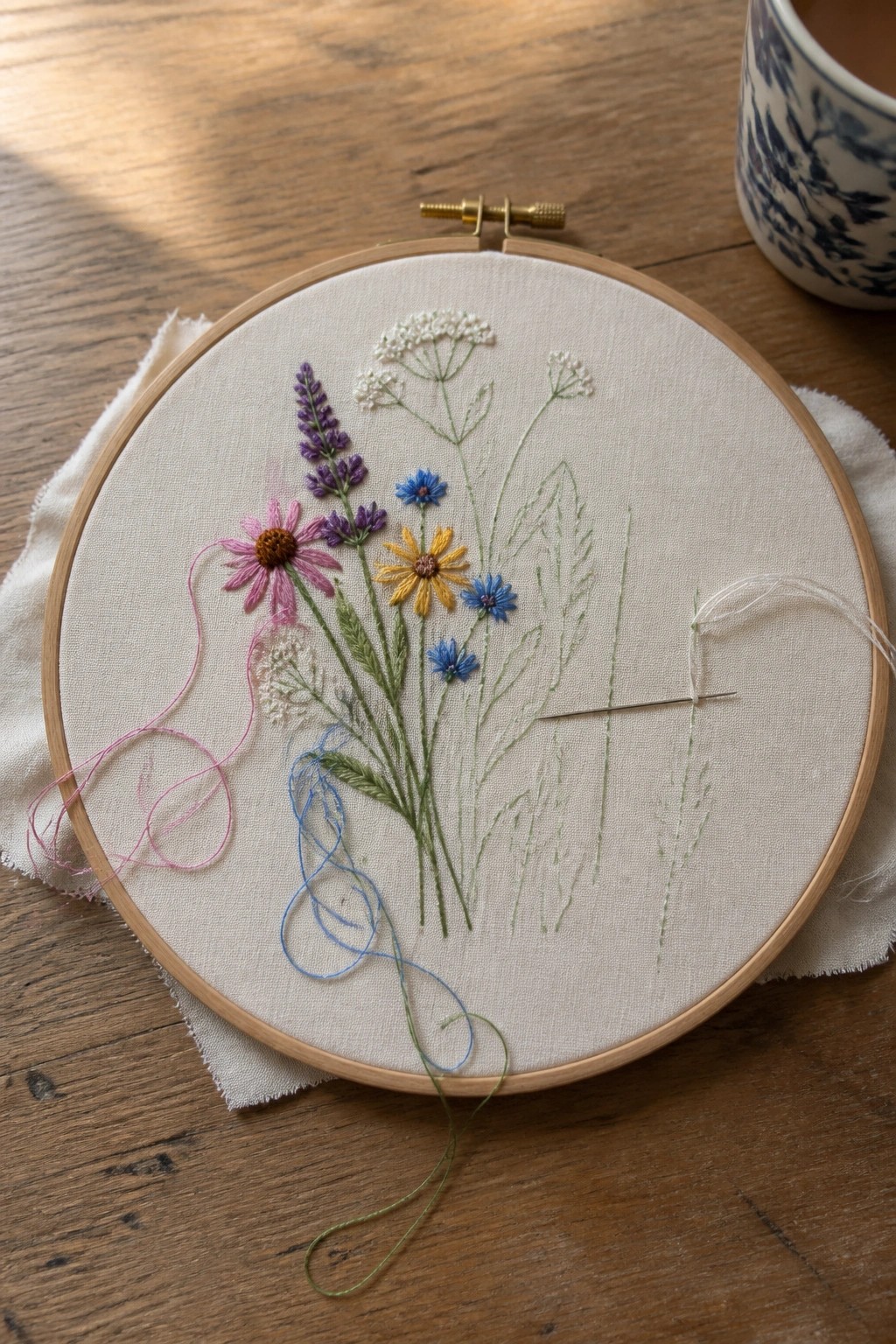 Wooden hoop with colorful wildflower embroidery, loose threads, and needle on table