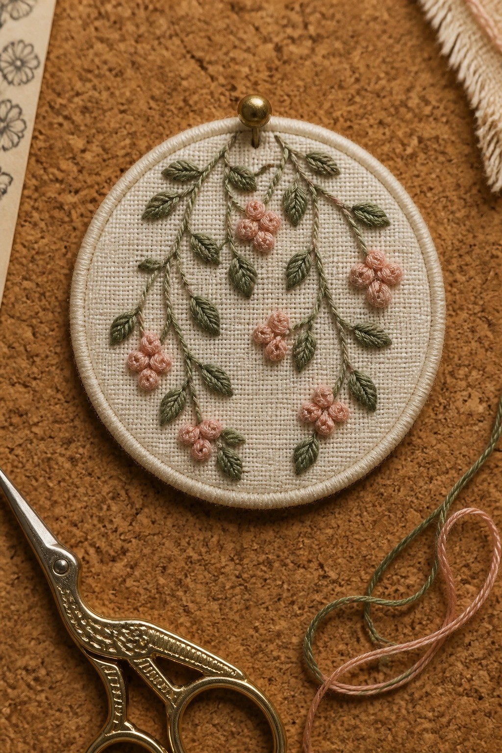 Small round embroidery hoop with pink flower clusters on green hanging vines, gold scissors and loose thread on brown background.