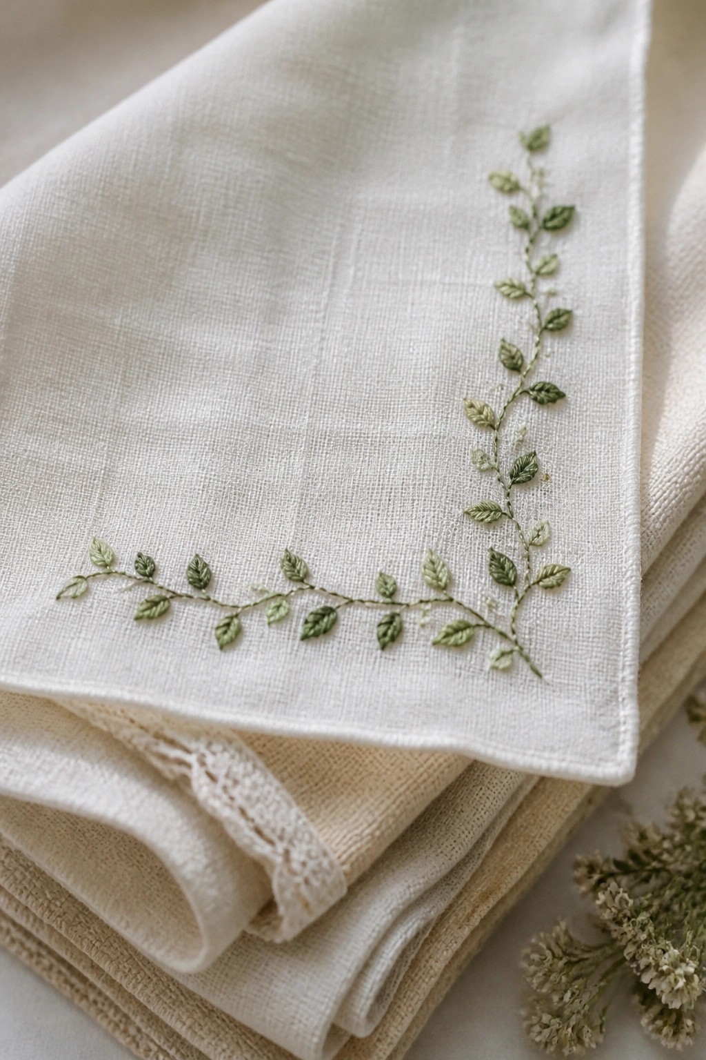 White linen with green embroidered vines atop stacked neutral fabrics and dried flowers.
