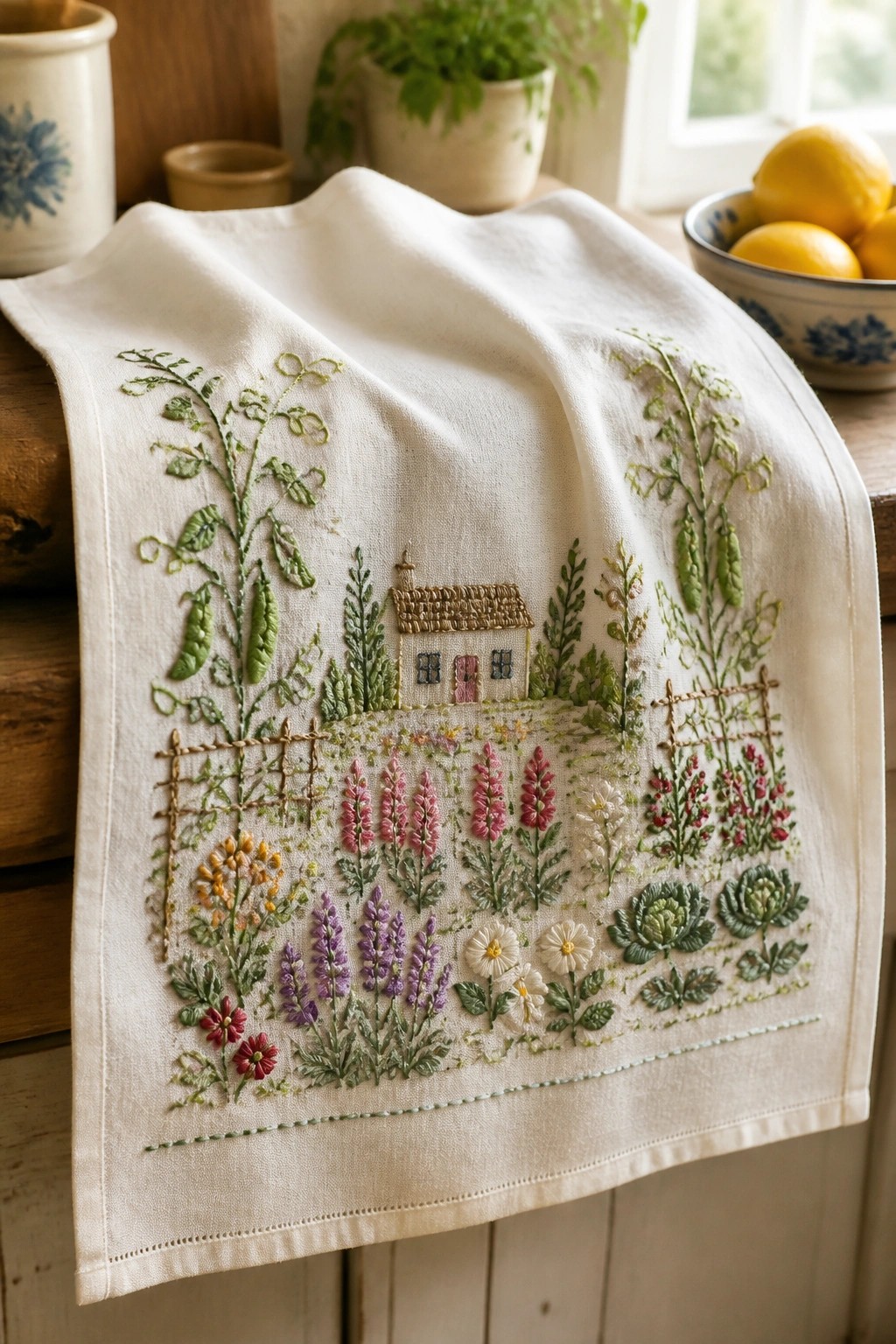 Embroidered white cloth with cottage, garden flowers, vegetables, and wooden fence.